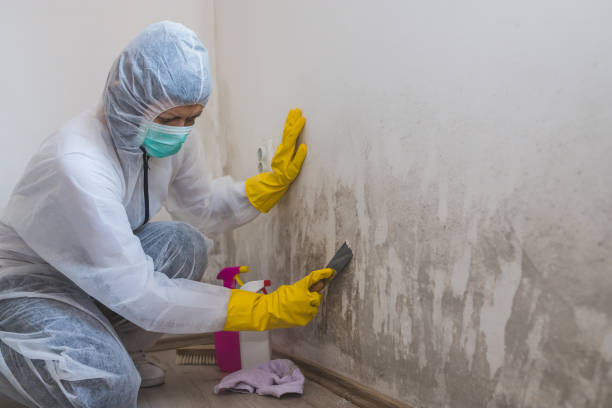 A person in white suit and yellow gloves cleaning wall.